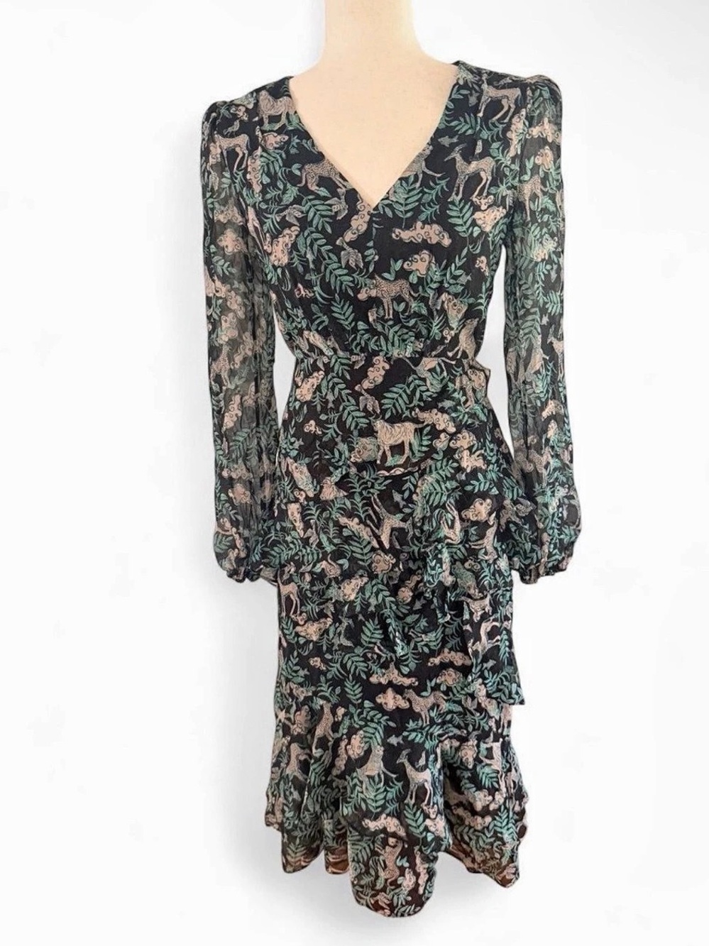 S A L O N I Animal Print Midi Dress in Black & Green Size 2 Like New - Picture 4 of 8